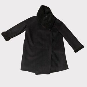 French Connection faux suede and fur trimmed black dress coat‎ S